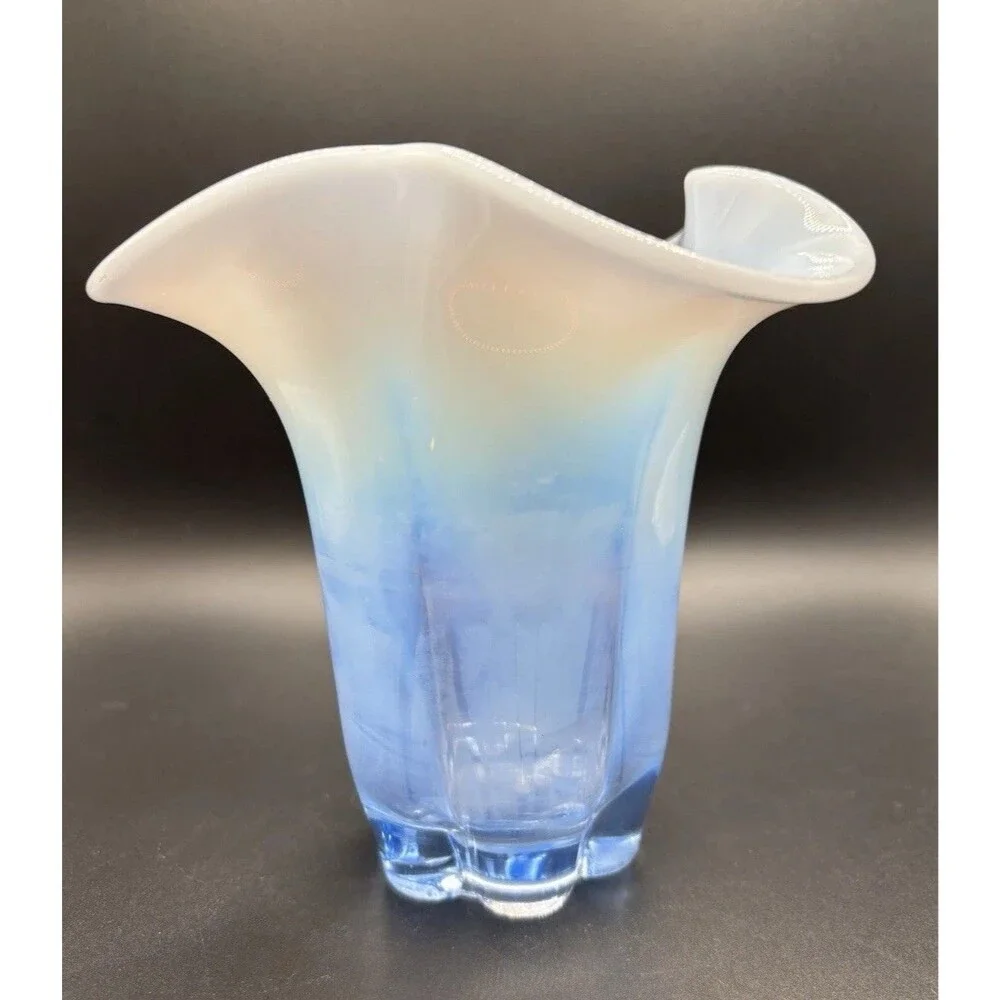 Duncan & Miller CANTERBURY #115 Blue Opalescent Glass Crimped Vase  5” tall